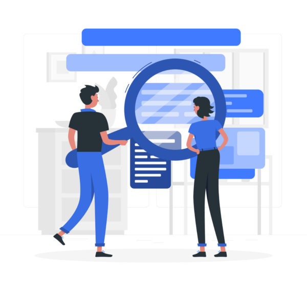 Illustration de deux personnages, dont un tenant une loupe pour analyser du texte SEO